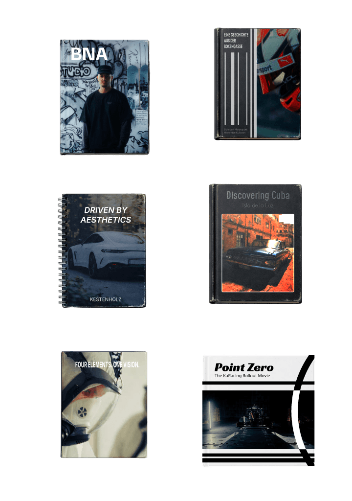 Studio Neubrand Portfolio Booktable mit BNA, KA Racing, Cuba und Automotive Projektcovern